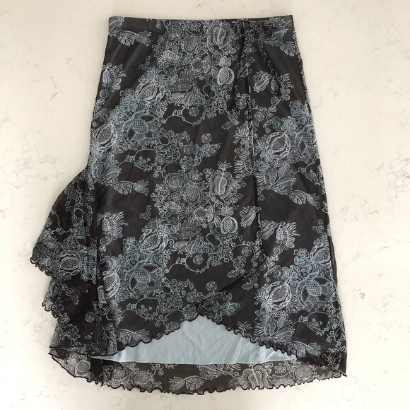 Mexx Dresses & Skirts - Mexx Sweet Pull On Lined Faux Wrap Floral Skirt Chocolate Brown + Blue Sz S NWT